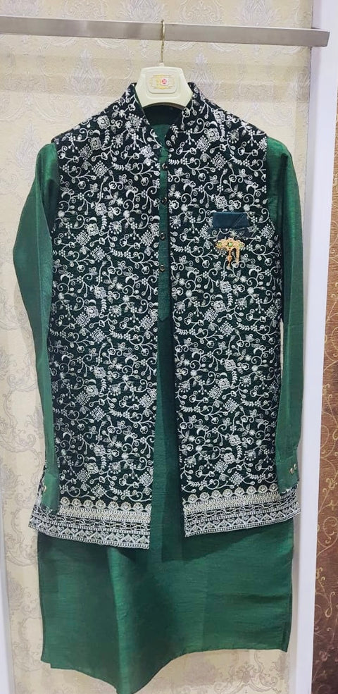Embroidery work Velvet Jacket With Raw Silk Based Kurta & pants