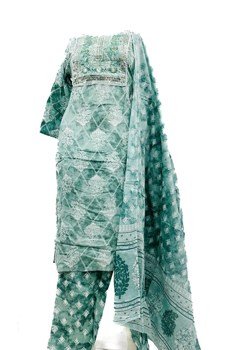PURE & SOFT COTTON BASED DESIGNER EMBROIDERED & PRINTED WORK KURTI WITH PLAZO PANTS & DUPATTA