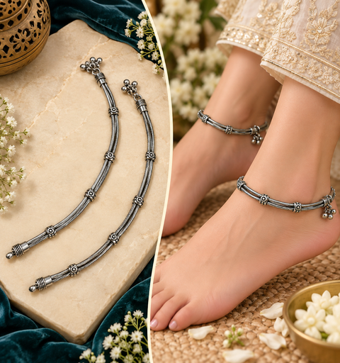 Oxidised Silver Anklets, stylish pair of anklets with delicate multi-strand detailing, carved accents and tiny dangling beads. Perfect for adding a traditional touch to everyday or festive looks.(slight variation in color & design is possible)