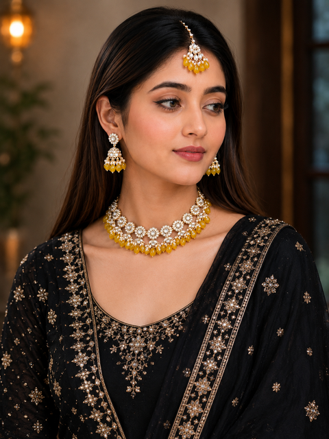 Kundan studded & pearls work designer heavy work Necklace set with beautiful Earrings & Tikka