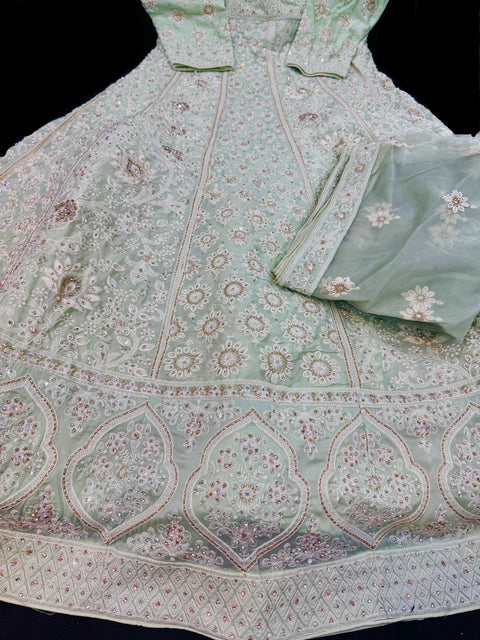 (Video clip attached)Chiffon georgette Based bridal style heavy design stones work With heavy embroidery Work at front and back Designer Flared Kameez /Gown And netting Based Embroidery Work heavy Dupatta