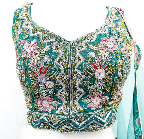 Embroidery & Mirror with stone work heavy hand work designer blouse with heavy mirror & Embroidery work multiflared lehnga & Dupatta