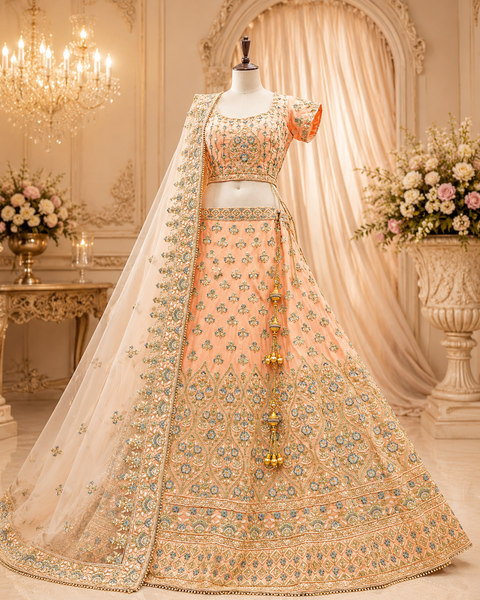 (SIZE 38(Upto 42)) Pastel Peach colour georgette Based Beautiful hand Embroidery Work Very Heavy 3 Layered Ken Ken Super Heavy Designer Bridal Lehnga With Heavy Tessels Attached To Blouse & Lehnga With Heavy Work Contrast Dupatta