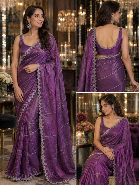 Elegant Jimmy Choo Saree featuring intricate handwork detailing and a beautifully embellished border. Comes with an attached matching blouse piece, blouse worn by the model is for reference purposes only(slight variation in color and design is possible)
