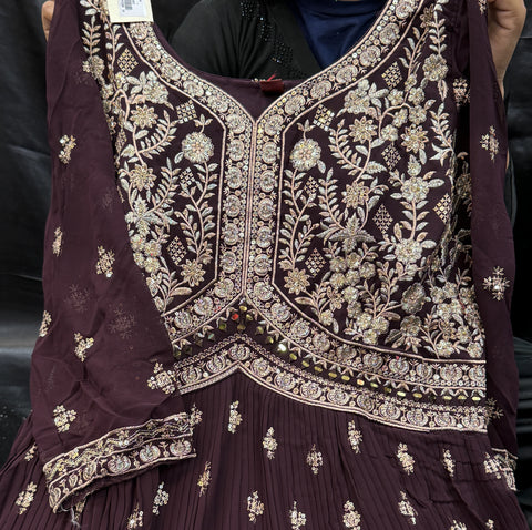 Georgette Based Embroidery With Sequined Work Designer Flared Kameez /Gown With Tights And Georgette Based Embroidery Work Dupatta