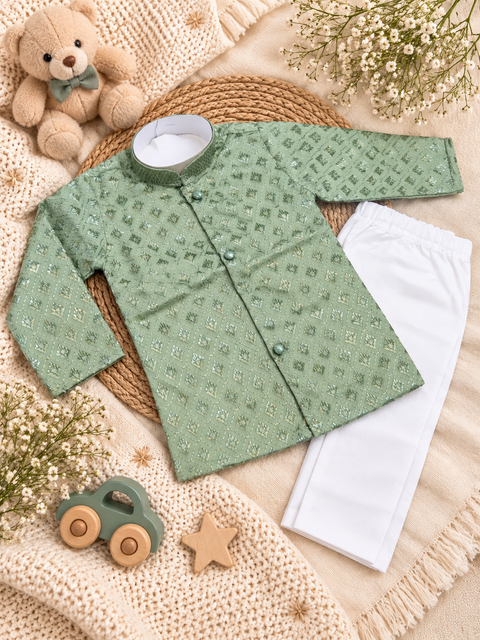 Soft Rayon chikankri sequin based Newborn Kurta Pajama Set with soft inner lining, easy front-open kurta & matching elasticated pajama for comfortable wear.Kurta L 35 cm,Chest 25 cm,Sleeve24 cm,Pajama L 33 cm.Slight variation in colour & design may occur