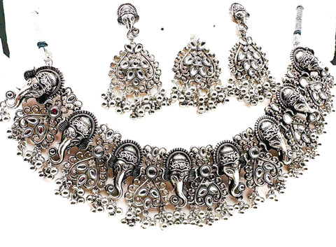 Ganesh Ji design Beautiful Oxidised Necklace with Earrings