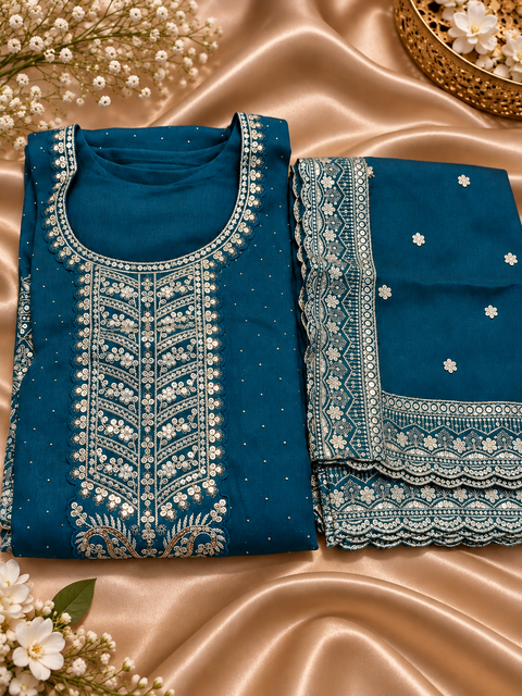 Deep peacock Blue set featuring elegant golden embroidery on the neckline, sleeves and hem, paired with matching pants and a beautifully bordered dupatta.Slight variation in colour and design may be possible.