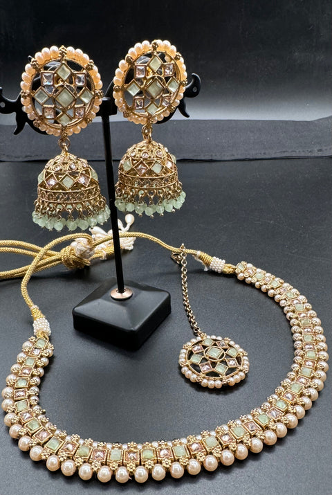 Kundan And Pearls Work Beautiful Necklace Set With Jhumka & Tikka