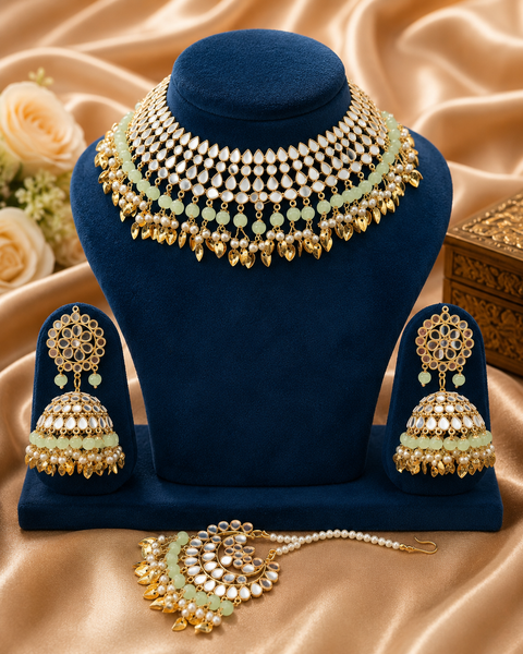 Pearls with original mirror work necklace set with Jhumka & tikka