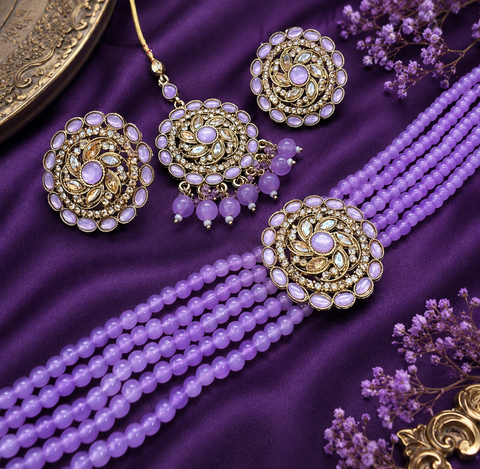 Jerkan fine stone with pearls beaded choker set with beautiful studs & tikka