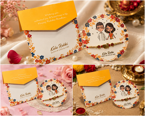 Beautiful traditional Rakhi featuring a cute brother-sister design, colourful beads and an elegant centrepiece. Perfect for celebrating the special bond of love between siblings.