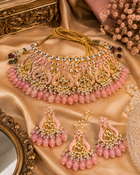 Baby Pink colour Beautiful meenakari work with baby pink pearls with Kundan Stones necklace set (slight variation in color and design is possible)