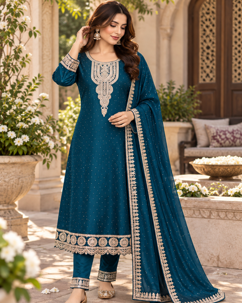 Georgette Silk suit set featuring elegant golden embroidery on the neckline, sleeves and hem, paired with matching pants and a beautifully bordered dupatta.Slight variation in colour and design may be possible.