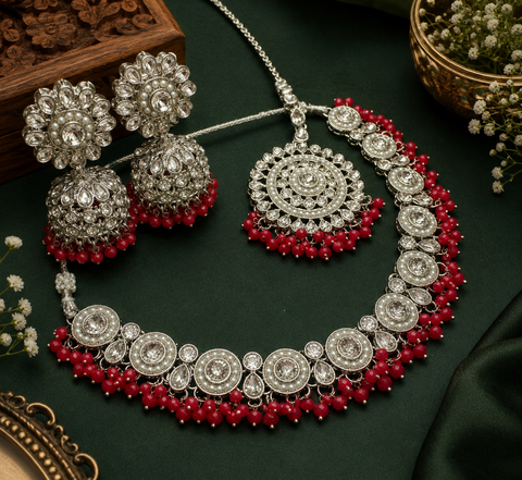 Silver Jerkan stone with pearls beaded necklace set with beautiful earrings & tikka