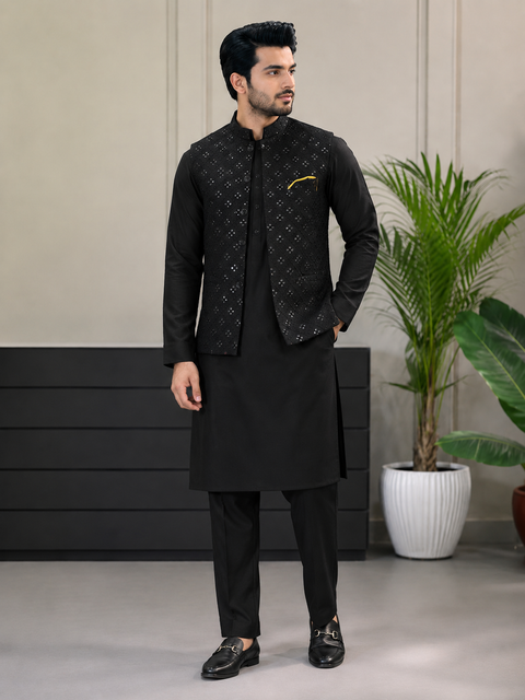 Mirror work Jacket with Raw Silk based Kurta & Pants (slight variation in color and design is possible)