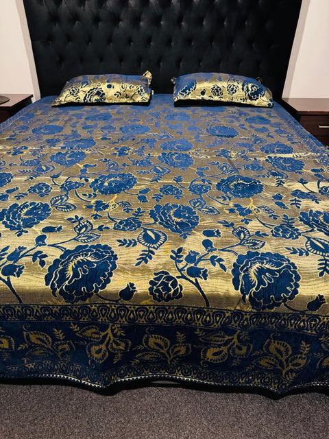 Roses Print Velvet golden zari Work Bed Sheet (275cm x 265cm)king size King Size Bedsheet With Double Pillow Cover