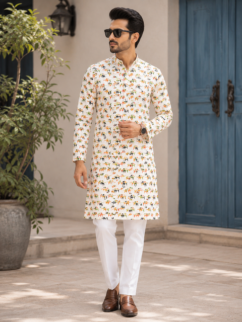Pure cotton based Men’s Printed kurti (sizes mentioned in inches ,not according to the label on Kurti)size 46 kurti- Length 40 inches and size 48 -length 42 inches ) Kurti only. Pants not included.