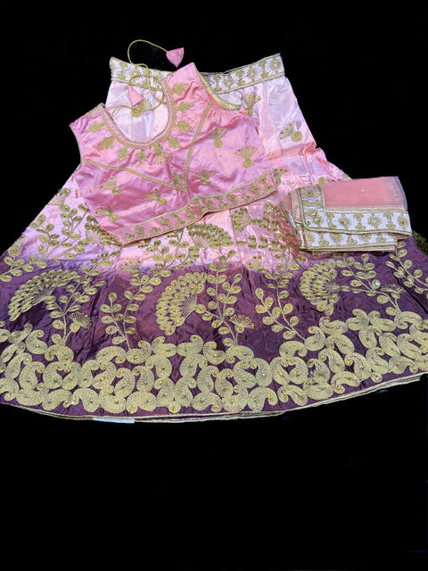 Ombré shades of Pink & Purple  colour satin silk based heavy embroidery lehnga & netting embroidered dupatta