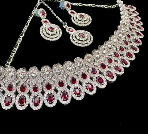 Silver jerkan stone beautiful choker necklace with earrings and tikka set