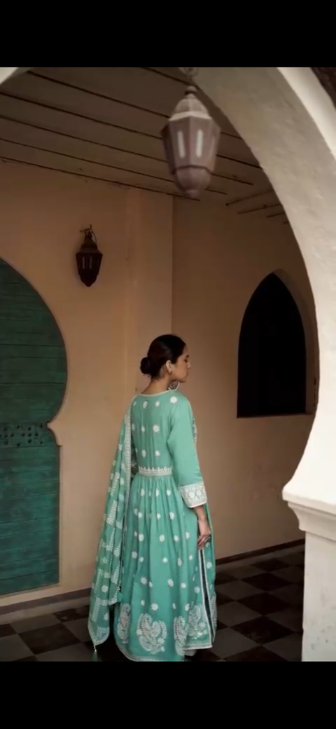 Pure & Soft Rayon Based Designer Lakhnavi Embroidered Kurti With Plazo Pants & Dupatta(Clip Attached to watch the design)