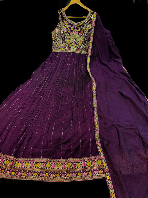 Georgette chinnon Based  embroidery with hand work neck design and embroidery work all over at front and back Designer Flared Kameez /Gown And netting Based Embroidery Work Dupatta