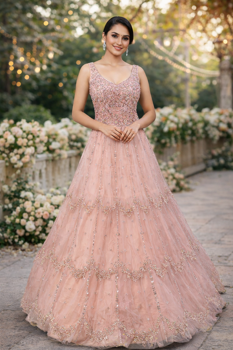 (Video clip attached)Netting Based Beautiful Mirror & Stone Work Designer Party Gown