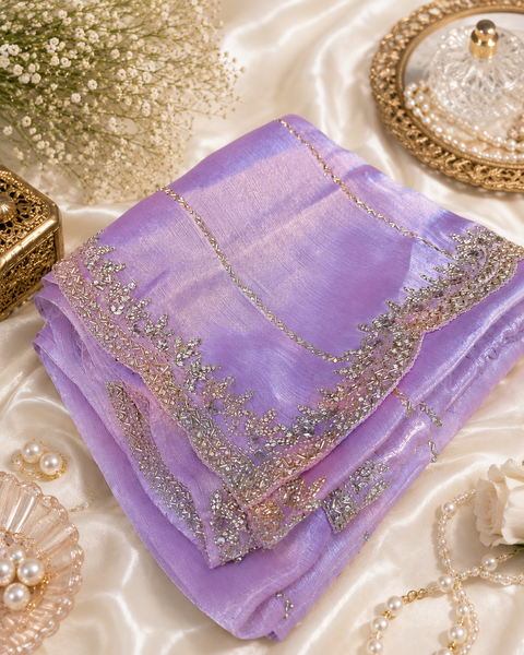 Elegant Jimmy Choo Saree featuring intricate handwork detailing and a beautifully embellished border. Comes with an attached matching blouse piece, blouse worn by the model is for reference purposes only(slight variation in color and design is possible)