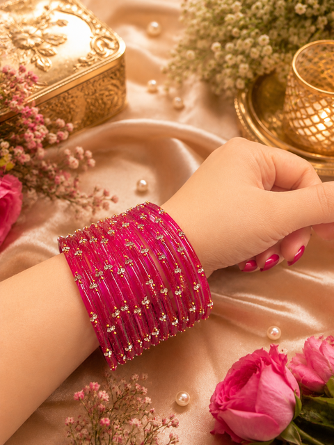 Hot Pink color Trending Glossy Jelly Bangles with Sparkling Stone Detailing (slight variation in color and design is possible) one dozen bangles per set (price per set)