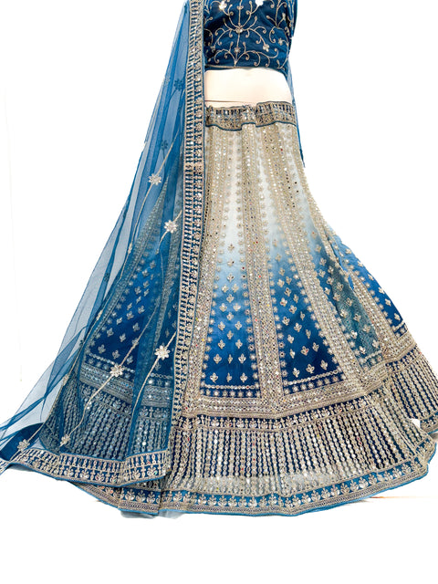 Original mirrors work Heavy Ken ken flared two toned shades netting based designer lehnga with heavy handwork blouse and Dupatta (video clip attached for reference )