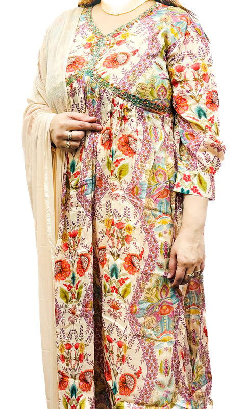 Pure Chinnon Georgette Based Printed With Embroidery Work & Mirror Work Designer Nayra Cut Kurti With Plazo Pants & Beautiful Dupatta