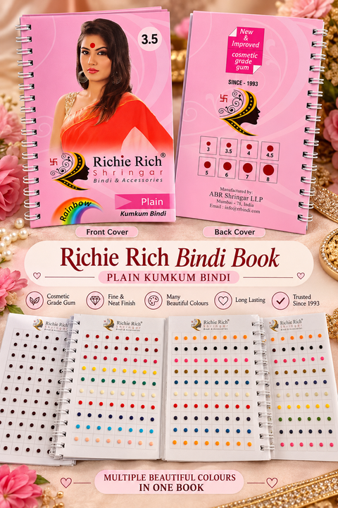 Beautiful Richie Rich Shringar plain round bindis in a variety of vibrant colours. Fine, neat finish with strong adhesive, perfect for everyday wear and special occasions.
Size: 3.5 (Small & Fine)
Quantity: Approximately 960 bindi per book.
