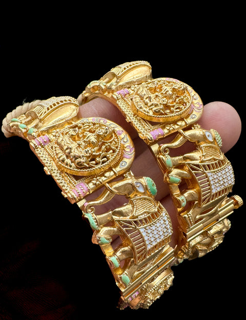 (Not original Gold )Lakshmi ji & Elephant design Gold plated original Kundan stone beautiful design Designer Kade (Openable , Screw Designed)pair
