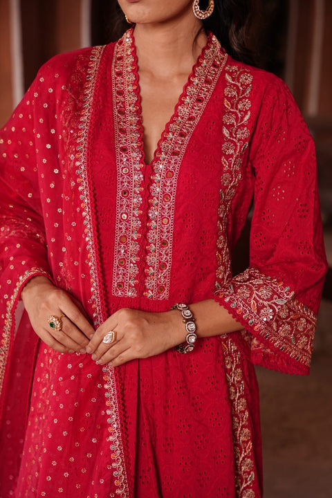 Pure & Soft Rayon Based Designer Embroidered & Mirror Work Chikankari Kurti With Plazo Pants & Dupatta(Video Clip Attached)