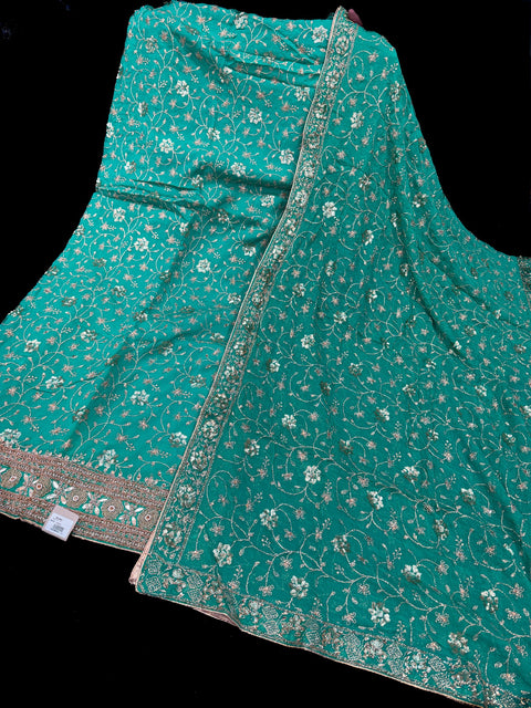 (video clip attached)Purple Wine pure chinnon based embroidery work with handwork kameez with plain silk bottom fabric (2.75 mtrs) and chiffon based heavy hand work dupatta