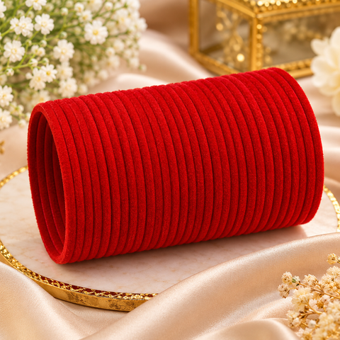 Elegant velvet bangles in a rich Bright Red shade, perfect for festive, bridal and traditional looks. Each pack includes 3 dozen bangles (36 pieces). Price is per pack. Slight variation in colour may be possible