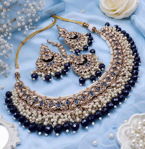 Original Polki stone with pearls beaded heavy work necklace with earrings and tikka set