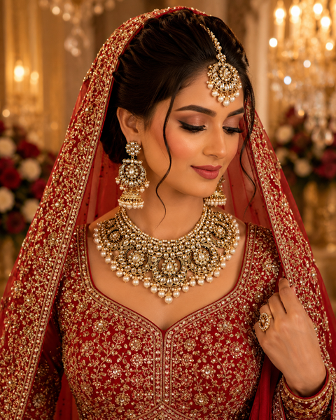 Elegant Kundan Bridal Necklace Set featuring delicate pearl detailing and timeless royal charm (slight variation in color and design is possible)