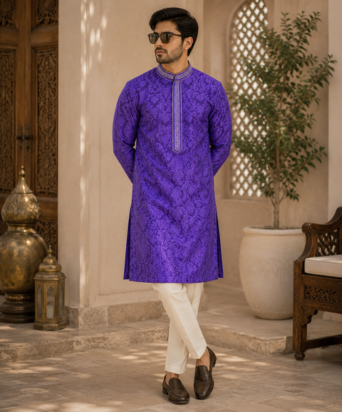 Soft Silk based brocade work neck embroidery designer Kurta with white Pajama (slight variation in color & design is possible)