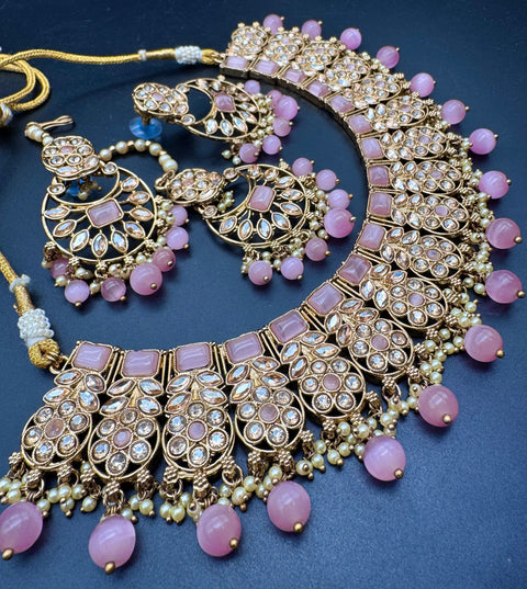 Original Polki stone with pearls beaded work beautiful necklace with jhumka and tikka set