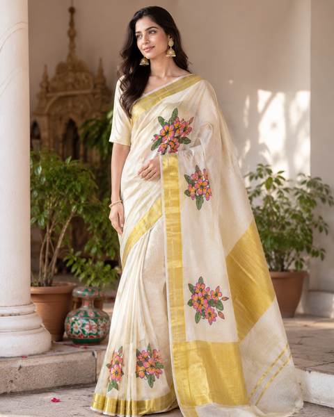 KERALA Gold Tissue SAREE WITH BEAUTIFUL FLORAL PRINT(slight variation in color & design is possible)