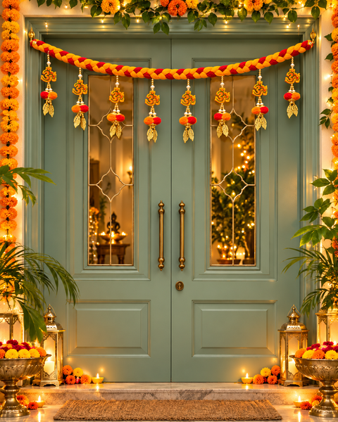Om design Festive Diwali Door Toran – Beautifully designed with colourful pom-poms, pearl detailing and elegant golden hanging accents. Slight variation in colour and design may occur