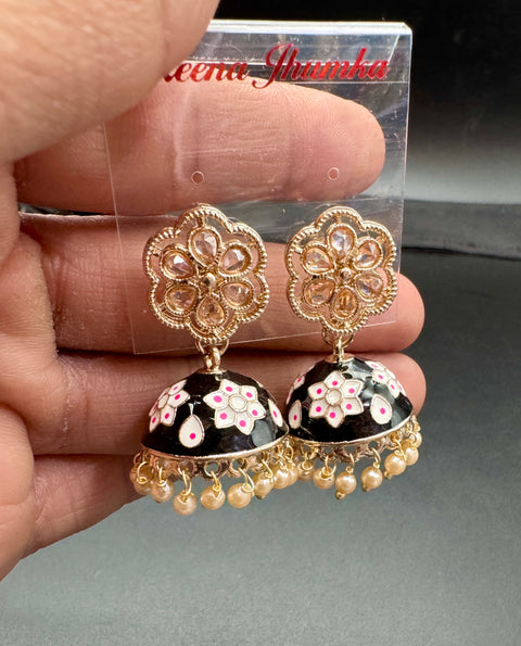 Small size Polki Stone With Pearls Work Beautiful Meenakari Jhumka