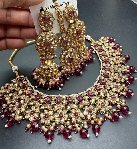 Polki stone with pearls beaded work beautiful necklace with jhumka and tikka set