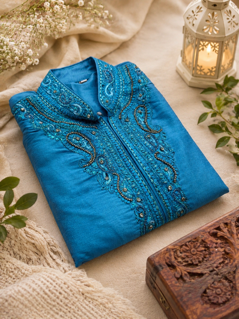 Raw silk based embroidery neck design kurta with pajama pants (slight variation in color and design is possible