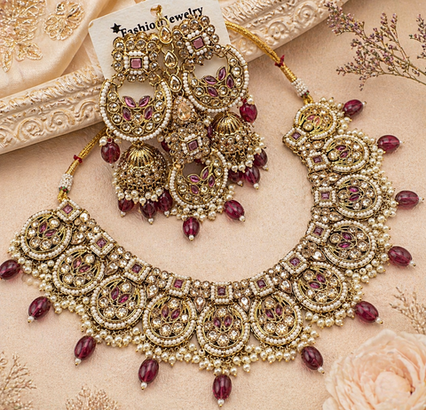 Original Polki stone with pearls beaded work beautiful necklace with jhumka and tikka set