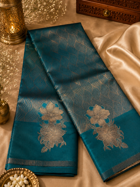 Premium South Silk Saree With Rich Zari Weaving And Contrast Woven Pallu. Featuring Elegant Dual-Tone Shades.Model-Worn Blouse Is For Reference Only. Unstitched Blouse Piece Is Attached With Saree(Slight Variation In Color & Design Is Possible)