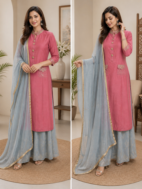 Cotton Silk Based handwork Kurti With Plazo pants & Dupatta (slight variance in color and design is possible)