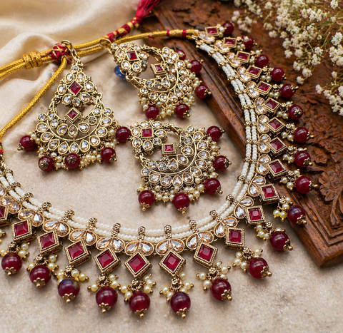 Original Polki stone with pearls beaded work beautiful necklace with jhumka and tikka set