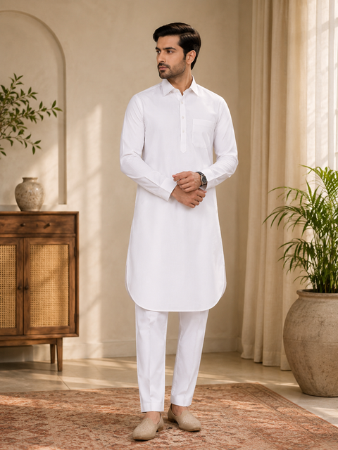 White colour linen based kurta with pants (slight variation in color and design is possible )